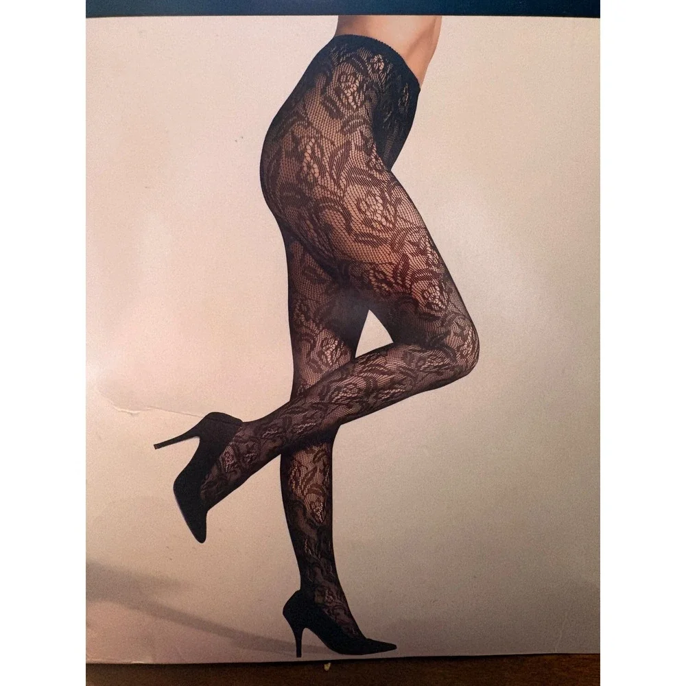 Preston & York Tights Women Size Tall Jet Black New Openwork Lace Floral